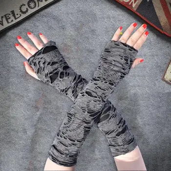 1 пара Дизайн с отверстием для большого пальца Длинные перчатки без пальцев на Хэллоуин Повседневные рваные отверстия Декор Перчатки для взрослых Косплей Перчатки Панк Стиль Рукава Рукава