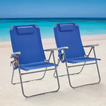 2 шт. Набор из 2 опор Откидывающийся 4-позиционный большой пляжный стул, синий складной стул