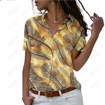 2023 Весна Осень Новая женская рубашка с коротким рукавом Красочный цветок 3D-печатный воротник-поло Пуговица Повседневный пригородный топ с коротким рукавом