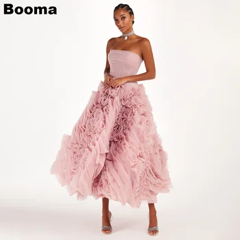 booma элегантные розовые выпускные платья без рукавов многоуровневые оборки тюль А-силуэт вечернее платье плиссированные рюши чайная длина женское вечернее платье