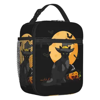 Custom Black Cat Halloween Pumpkin Lunch Bag Женский кулер Термоизолированный ланч-бокс для детей