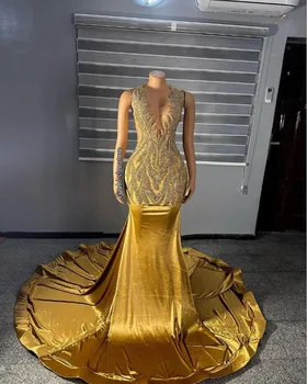 Gold Velvet Trumpet Вечернее вечернее платье для чернокожей девушки Блестящий бриллиантовый кристалл Sheer Meah Вечернее платье для женщин