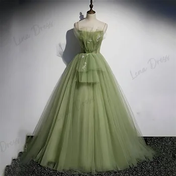 Lena тонкая лямка, зеленое прозрачное вечернее платье А-силуэта, очаровательное бальное платье, плиссированное праздничное платье с наклейками