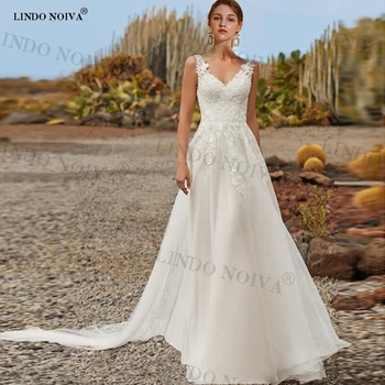 LINDO NOIVA Vestido Boho Simple A Line Пляжные свадебные платья 2023 V-образный вырез без рукавов кружевные аппликации Платья невесты со шлейфом