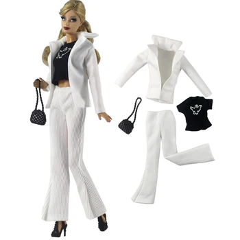 NK 4 предмета/комплект Модное белое пальто + брюки + черная рубашка + сумка Зимний наряд для Барби Кукла Аксессуары Детские игрушки одевалки