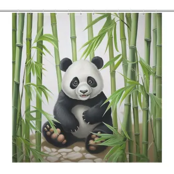 Panda Bamboo Green Black White Extra Long Shower Curtain Водонепроницаемая ткань Декор ванной комнаты Занавески для ванны 12шт Крючки