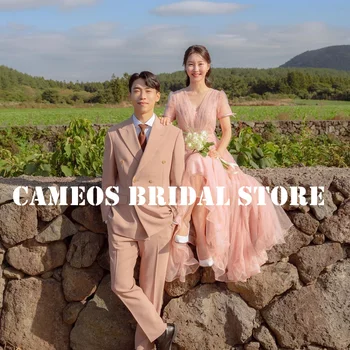 SONDR Розовое свадебное вечернее платье в Корее Изготовленное на заказ формальное выпускное платье А-силуэта V-образный вырез с короткими рукавами Элегантное вечернее платье Свадебное