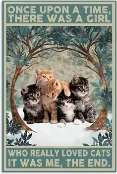 ZTRE Кошки Винтажный металлический знак Жила-была девушка, которая очень любила кошек Плакат Ретро Жестяной знак Табличка Настенный декор