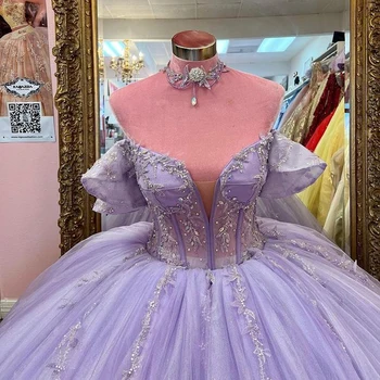 Актуальное изображение Фиолетовые платья Quinceanera с открытыми плечами Тюль Аппликация Кружево Принцесса День рождения Девушки Vestidos de 15 años