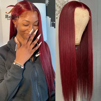 Бордовый 99j Кружевной передний парик Прямой цветной парик Remy из натуральных волос для женщин предварительно выщипанный прозрачный кружевной бобби