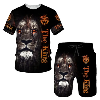  Винтажная мужская футболка The King Lion с коротким рукавом Пляжные брюки Набор летних повседневных спортивных вещей 2 шт. Панк Оверсайз Черная одежда