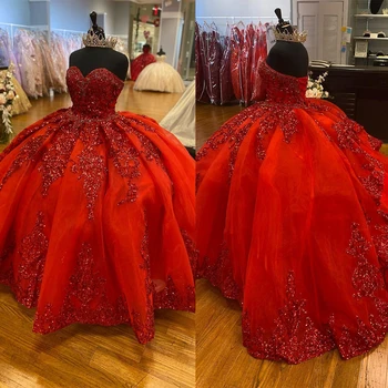 Возлюбленная Красные свадебные бальные платья Изготовленные на заказ кружевные платья без бретелек с шлейфом Шнуровка Принцесса Платья для вечеринок