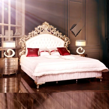 Европейская двуспальная кровать 1,8 м 2 м вилла из массива дерева резная двуспальная кровать
