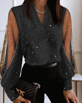 Женская мода с длинным рукавом V-образным вырезом Черные футболки Повседневная Легкая растяжка Элегантный однотонный блестящий прозрачный сетчатый пэчворк топ