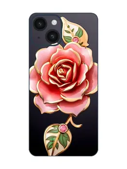 Задняя пленка iPhone 14 с эмалевым покрытием Розовый цветочный дизайн в оранжевом и светло-золотом цветах