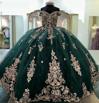 Зеленый Принцесса Quinceanera Платья Бальное платье с открытыми плечами Аппликации Sweet 16 Платья 15 Años Мексиканский
