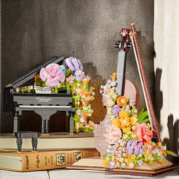 креативный музыкальный инструмент с цветами букет модель строительные блоки фортепиано виолончель украшение мини-кирпичи MOC игрушка подарок на день святого валентина
