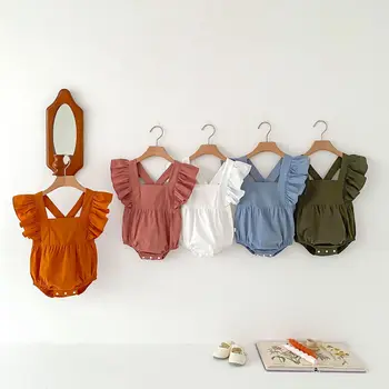 Летняя детская одежда Боди для новорожденных девочек Малыш Летающий рукав Цельный однотонный хлопчатобумажный комбинезон для девочек