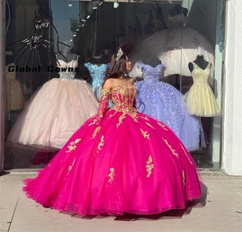 Мексика Розовое платье Sweetheart Quinceanera Бисерные аппликации Принцесса Бальное платье для сладких 16 платьев на день рождения с рукавом