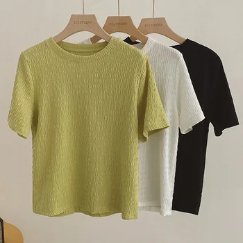 Мода Лето Простая однотонная футболка Повседневная тонкая женская футболка с коротким рукавом harajuku корейский стиль 90-х белый зеленый y2k топы