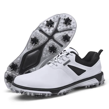 Мужская кожаная обувь для гольфа Водонепроницаемые кроссовки для тренировок по гольфу Нескользящие шипы Кроссовки для гольфа Быстрая шнуровка Спортивная обувь для гольфа Для начинающих