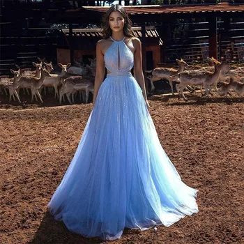 Небесно-голубое платье из тюля с блестками и блестками Платье для выпускного вечера Элегантные блестящие вечерние платья с открытой спиной vestidos de fiesta