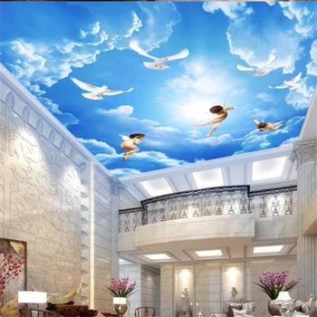 Пользовательские большие обои 3D Реалистичная фреска Ангел Благовещение Голубое небо Белое облако Потолок Фреска Гостиная Спальня Декоративный