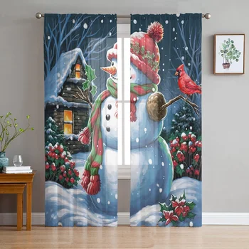 Рождественский снеговик Птица Шифон Прозрачные шторы для гостиной, спальни, кухни, украшения, окна, тюля, занавес