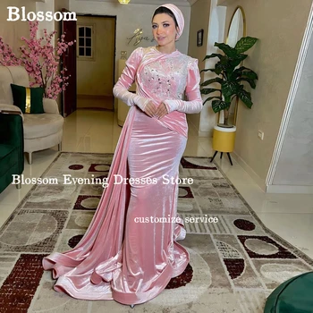 Розовые бархатные вечерние платья с длинным рукавом для выпускного вечера русалка с бисером плиссированные элегантные арабские мусульманские вечерние платья فساتين مناسبة رسمية