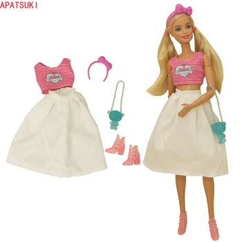 Розовый полосатый набор одежды для куклы Барби 1/6 Аксессуары Короткий топ без рукавов и белая юбка Сумка Обувь Резинка для волос Наряды Игрушки