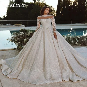 Романтические кружевные аппликации с круглым вырезом Свадебное платье Элегантное свадебное платье в пол с длинным рукавом Luxury Vestidos De Novia