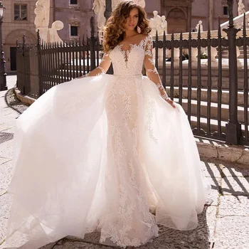 русалка свадебные платья со съемным шлейфом с длинными рукавами аппликация кружева V-образным вырезом невеста Dres на заказ Robe de Mariee Настроить