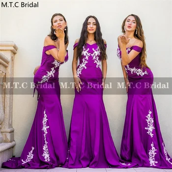  фиолетовые длинные платья подружки невесты русалки белые аппликации на шнуровке сзади элегантные вечерние платья для свадебной вечеринки