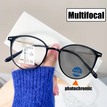 Фотохромные прогрессивные мультифокальные очки Модные круглые очки для чтения Женщины Мужчины Сверхлегкие очки ближнего и дальнего зрения
