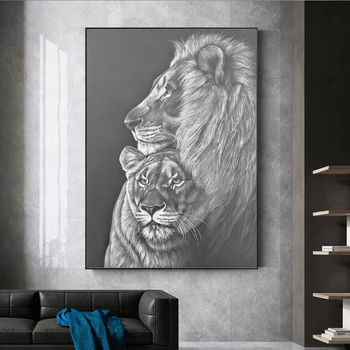 Черно-белые львы Эскиз искусства на холсте Плакаты и принты Африканские львы Семейные настенные картины Животные Декоративные картины