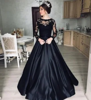 Черные вечерние платья с длинными рукавами A-Line O-образным вырезом Атласные кружевные аппликации на пуговицах Вечерние выпускные платья для женщин 2023 года