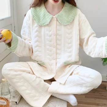 Японский новый стиль осень-зима брюки с длинными рукавами Air Cotton Теплые толстые женские пижамы Домашнее обслуживание Пижамы